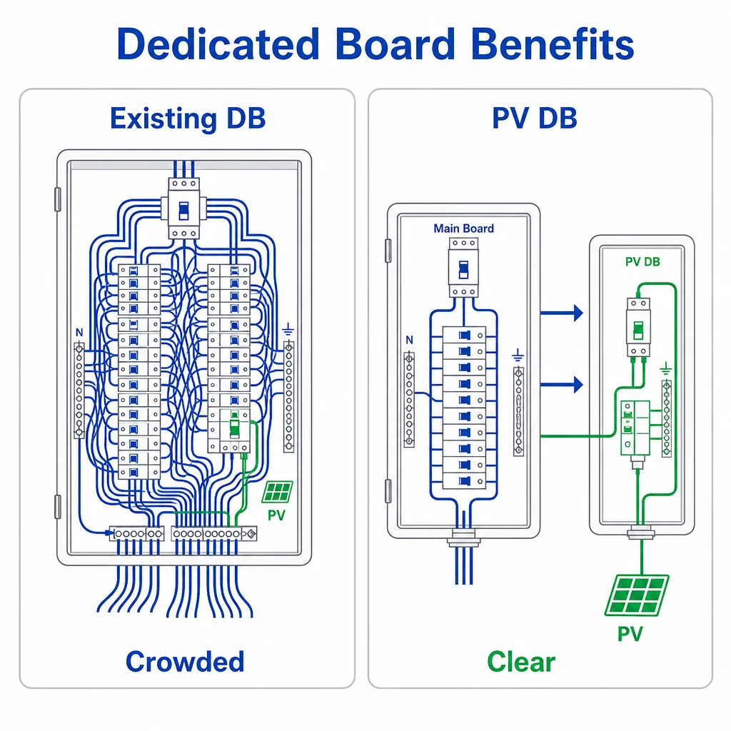 Comparison graphic showing a crowded existing board versus a clearer dedicated PV board.