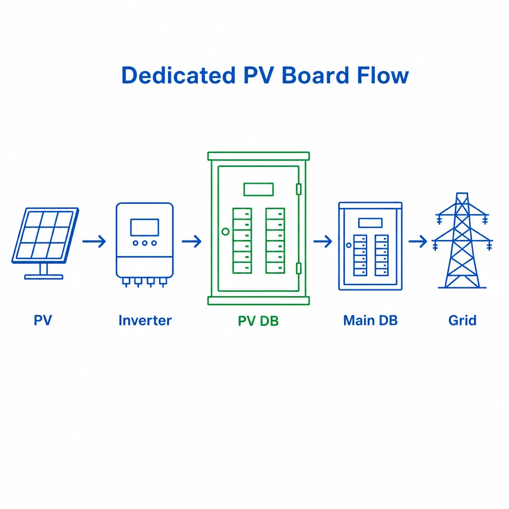 Diagram showing solar PV power flowing through a dedicated PV distribution board to the main board.