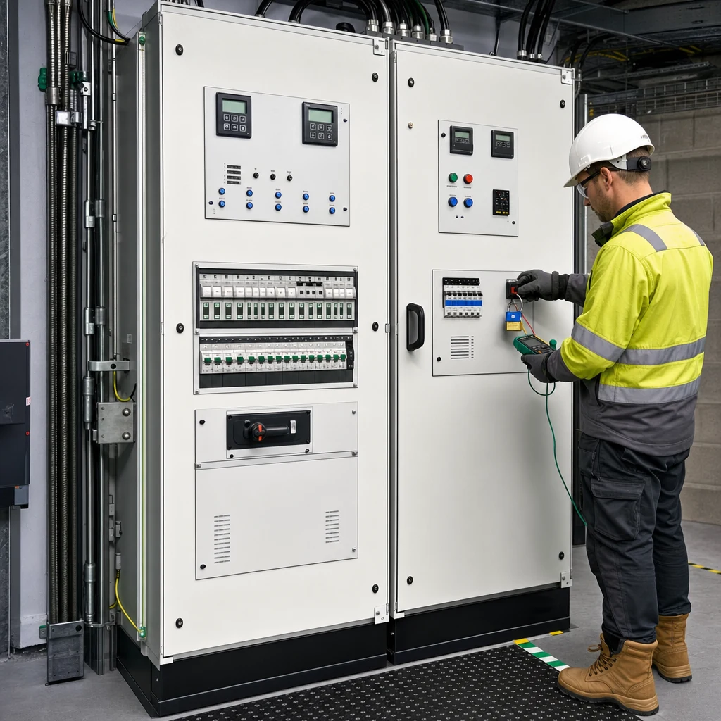 Electrician checking isolation and protection equipment beside a PV distribution board.
