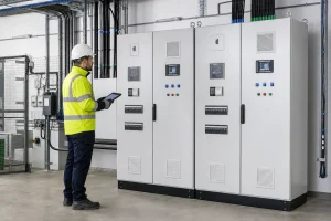 Electrician inspecting light-grey PV distribution boards in an industrial plant room.