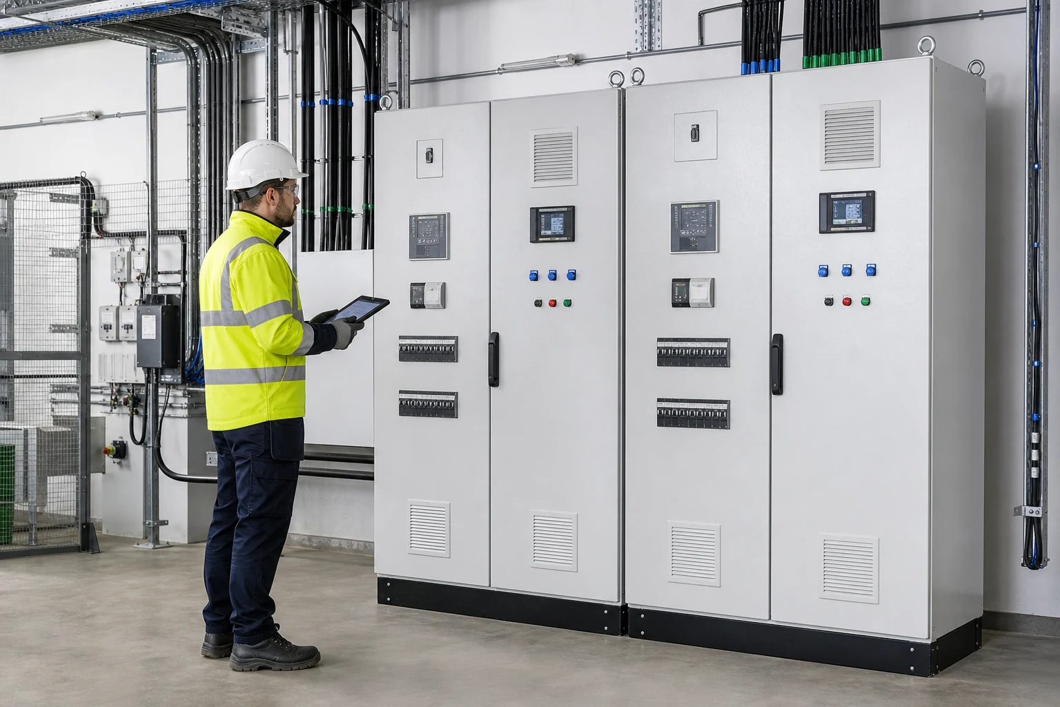 Electrician inspecting light-grey PV distribution boards in an industrial plant room.