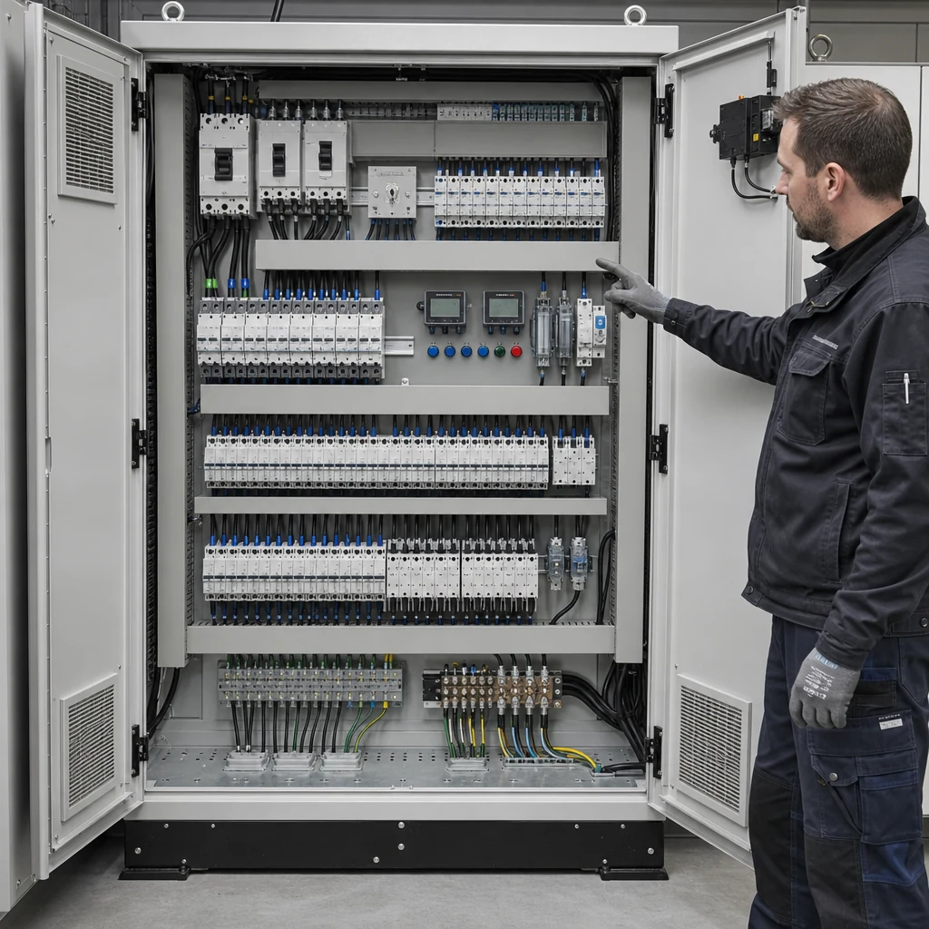 Open PV distribution board showing neatly arranged breakers, meters, controls and wiring.