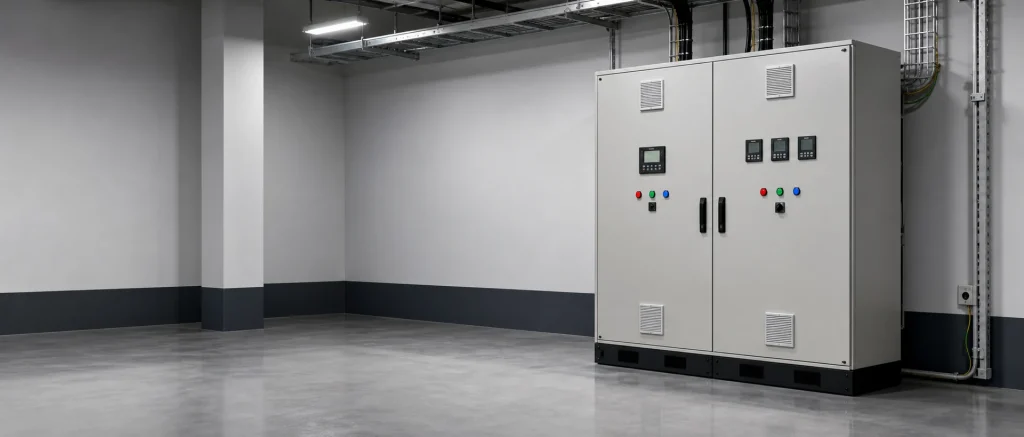 Clean plant room with clear space in front of an electrical control cabinet
