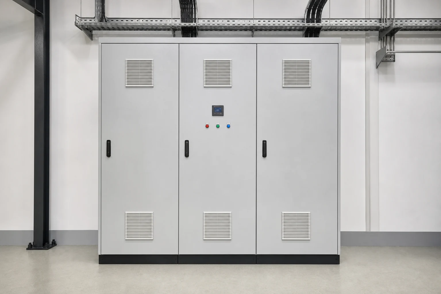 Electrical cabinet with clear ventilation grilles in a tidy plant room