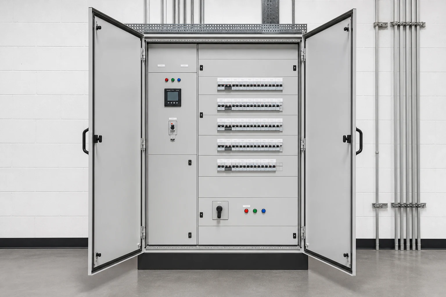 Open electrical cabinet showing visible circuit breakers and simple labels