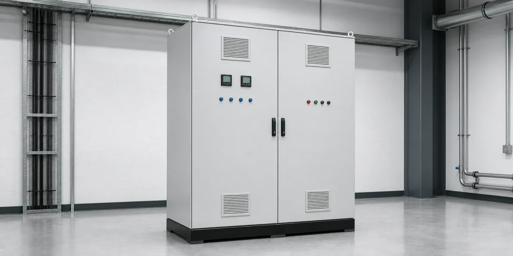 Clean industrial electrical control panel in a plant room