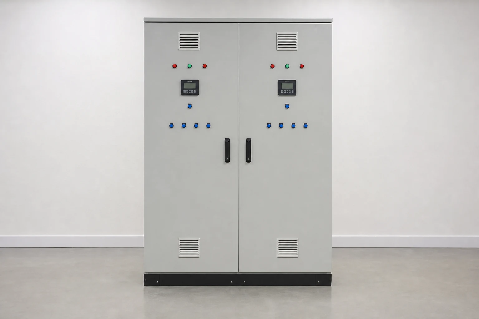 Industrial control panel with meters and control buttons