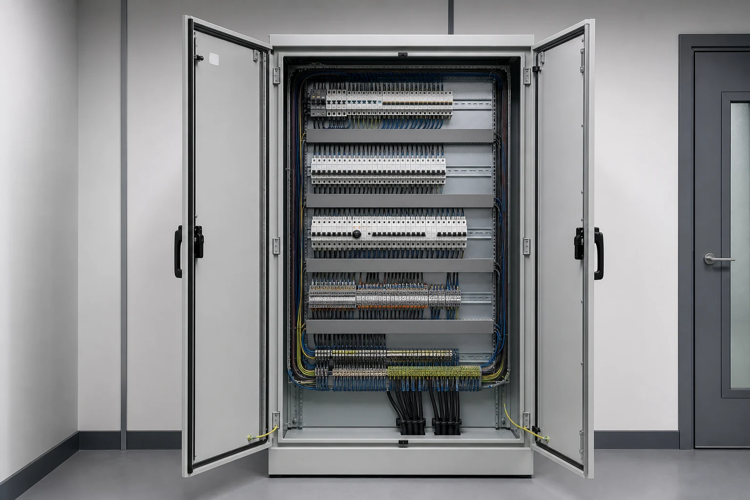 Open industrial control cabinet with tidy internal wiring