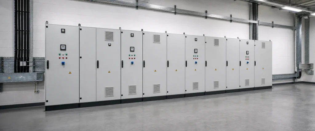 Clean commercial plant room with G99-ready electrical control cabinets.