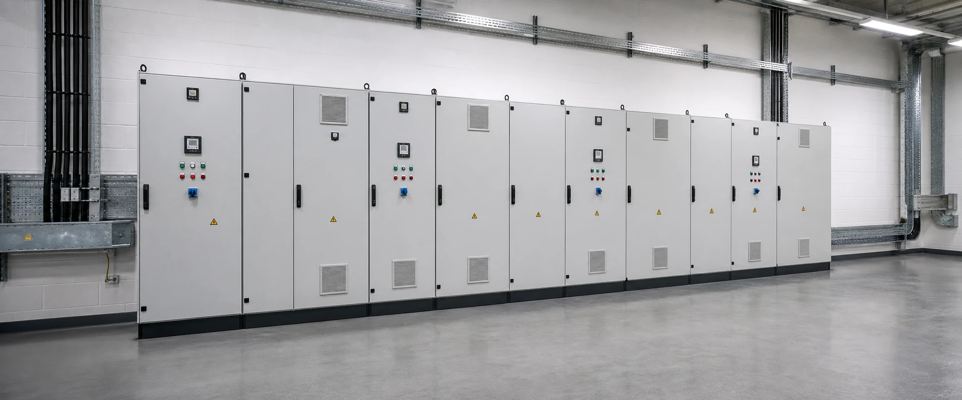 Clean commercial plant room with G99-ready electrical control cabinets.