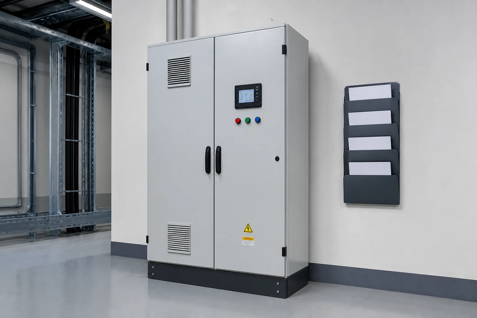 Relay panel area prepared for commissioning documentation.