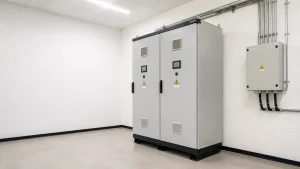 Clean industrial PV switchgear cabinet beside a DC combiner enclosure.