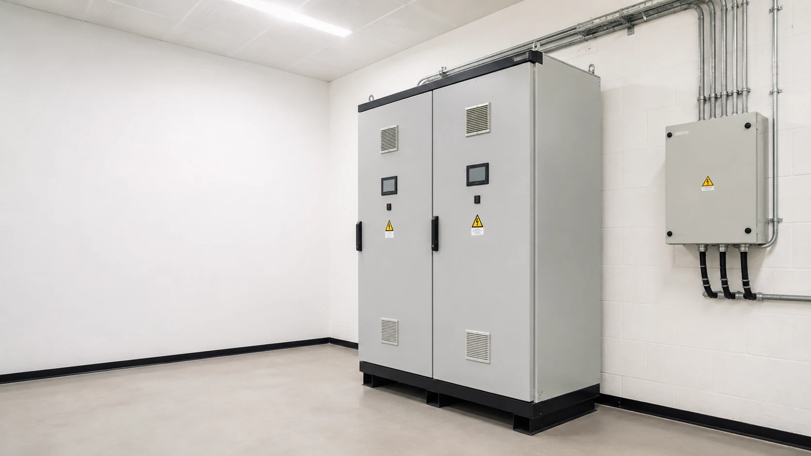 Clean industrial PV switchgear cabinet beside a DC combiner enclosure.